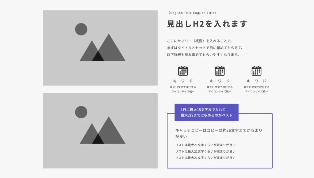 【解決｜2カラム】画像2枚＋見出し・テキスト・アイコン3・キャプション